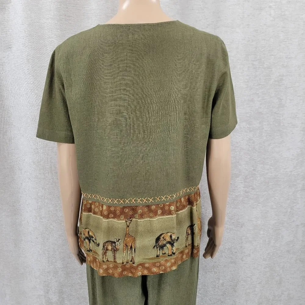 Stonebridge Vintage Green Linen Animal Print Safari Matching Set Blouse Trousers